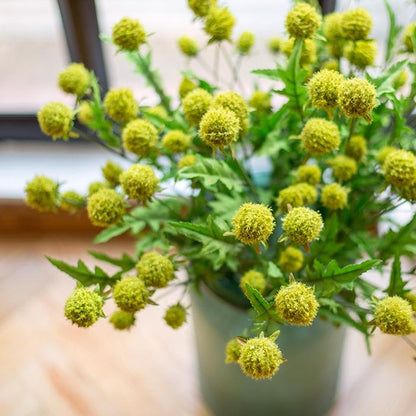 Faux silk pompom flower stem by RusticReach, 28in tall, lime-green blooms in a green ceramic pot on Tampa Home & Garden Store