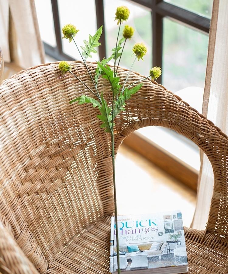 Faux silk pompom stem by RusticReach 28in tall with green leaves and yellow blooms on Tampa Home & Garden Store
