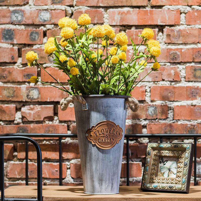 Faux silk pompom stem bouquet, 28in tall, RusticReach, yellow blooms, galvanized vase on Tampa Home & Garden Store
