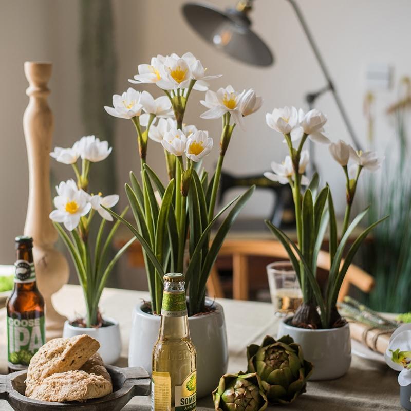 Artificial Silk Real Touch Daffodil Bonsai by RusticReach, white blooms in gray pots, set of 5 on Tampa Home & Garden Store