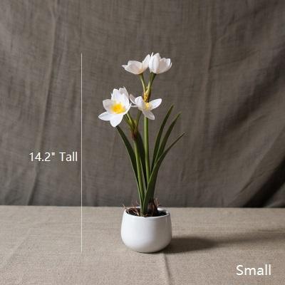 Artificial Silk Real Touch Daffodil Bonsai with white blooms in small white pot, 14.2 in tall on Tampa Home & Garden Store