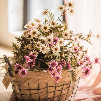 Faux silk chrysanthemum stem arrangement in pink and cream, burlap-lined basket 34in tall on Tampa Home & Garden Store