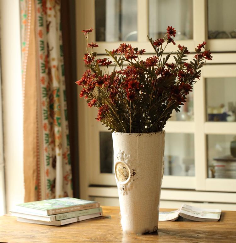 Faux Silk Chrysanthemum stem by RusticReach, 34-inch tall burgundy blooms in a ceramic vase on Tampa Home & Garden Store