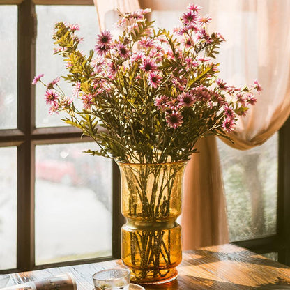 Chrysanthemum stem bouquet, faux silk, pink, 34 inch tall in amber glass vase, RusticReach on Tampa Home & Garden Store