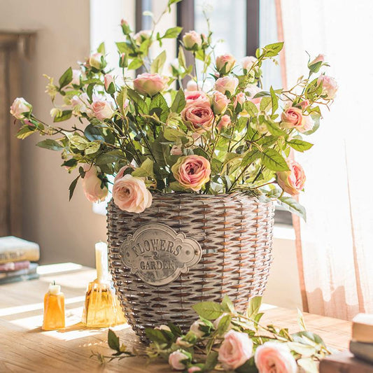 RusticReach pink silk rose arrangement in a woven basket with green foliage 39-inch tall on Tampa Home & Garden Store
