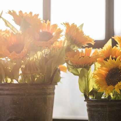 Silk sunflower stems, 28 inches tall, yellow petals with green leaves, RusticReach in metal pots on Tampa Home & Garden Store