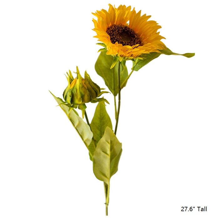 Faux sunflower stem silk flower yellow with green leaves and buds 28in tall on Tampa Home & Garden Store