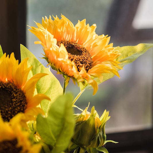 Faux sunflower stem, silk flower, 28 inches tall, bright yellow petals, RusticReach on Tampa Home & Garden Store