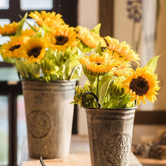 RusticReach faux sunflower stems in metal pails, yellow blooms, 28-inch tall Tampa on Tampa Home & Garden Store