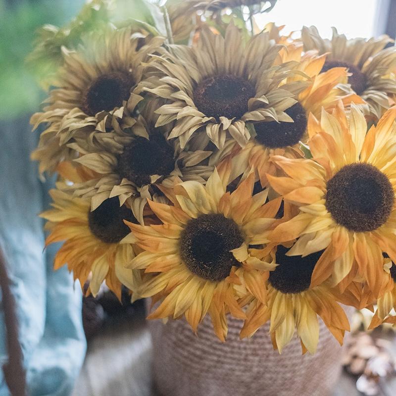 RusticReach faux silk Van Gogh sunflower bunch, 21 in tall, yellow petals in a woven basket on Tampa Home & Garden Store
