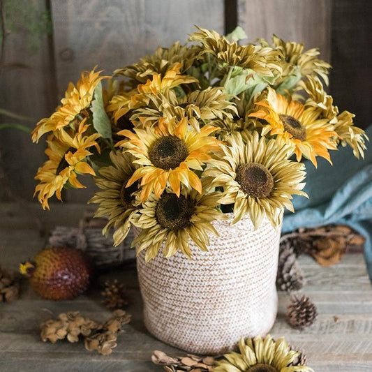 Faux Silk Van Gogh Sunflower Bunch in a woven basket by RusticReach, 21in tall on Tampa Home & Garden Store
