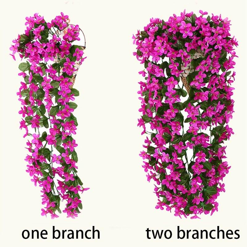 Stevvex artificial wisteria hanging basket with pink blooms and leaves, one or two branches on Tampa Home & Garden Store