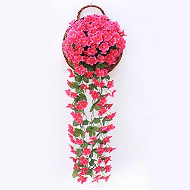 Stevvex artificial wisteria hanging basket with pink flowers and cascading vines for wall decor on Tampa Home & Garden Store