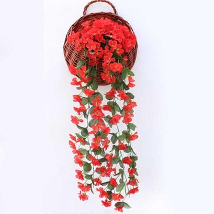 Artificial wisteria hanging basket by Stevvex with cascading red flowers and green vines on Tampa Home & Garden Store