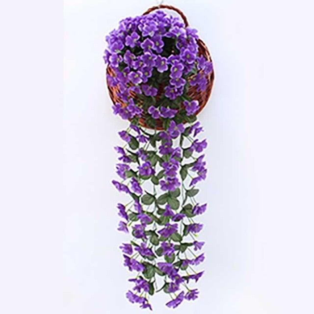 Artificial wisteria hanging basket garland by Stevvex with cascading purple blooms on Tampa Home & Garden Store