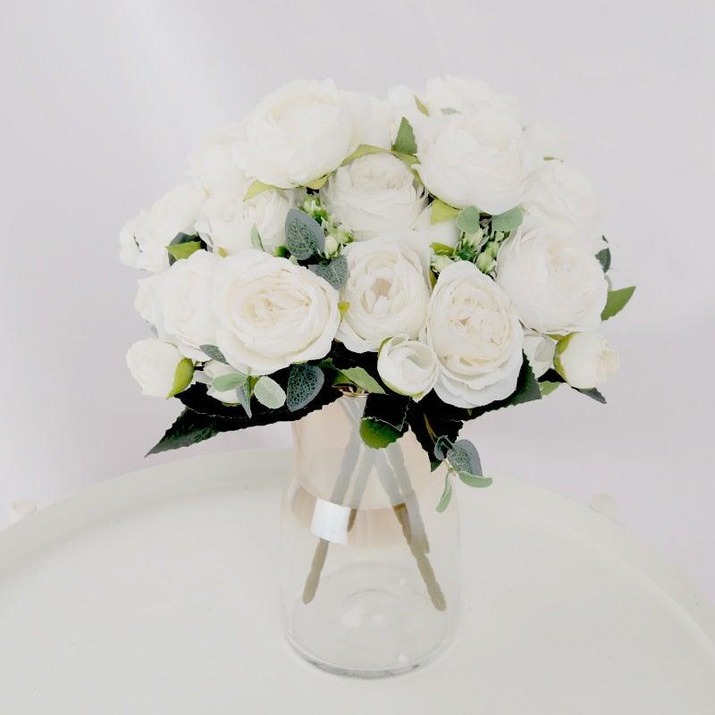 White artificial bouquet with 9 cream peonies and tea roses in a glass vase Stevvex on Tampa Home & Garden Store