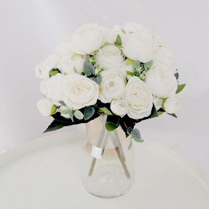 White artificial bouquet with 9 cream peonies and tea roses in a glass vase Stevvex on Tampa Home & Garden Store
