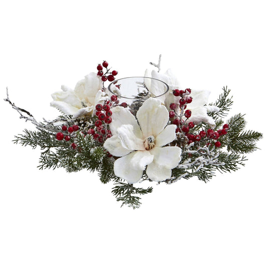 Frosted Magnolia & Berry Artificial Arrangement Candelabrum - Tampa Home & Garden Store