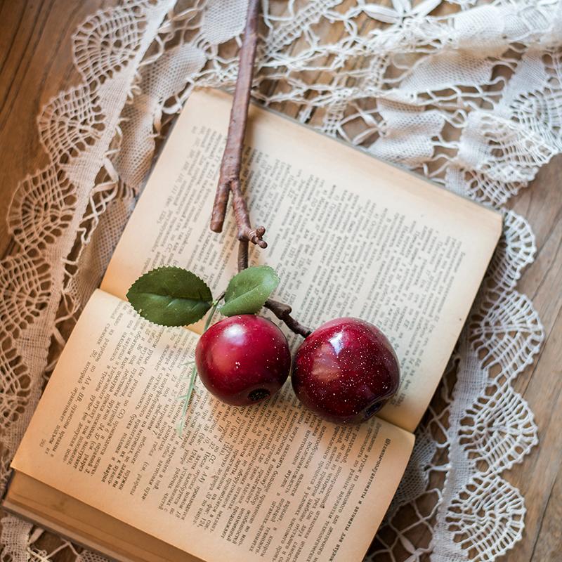Artificial Red Apple Stem 15in tall by RusticReach, two glossy apples on an open book on Tampa Home & Garden Store