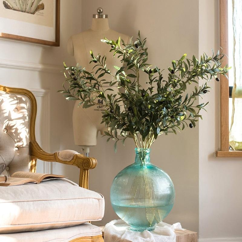 Large artificial olive stem arrangement 41 in tall in turquoise glass vase RusticReach on Tampa Home & Garden Store