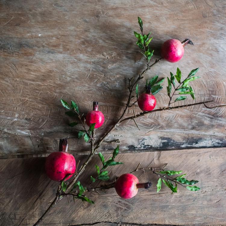 Artificial pomegranate stem with five bright red fruits, 36in tall, rustic branch on wood on Tampa Home & Garden Store