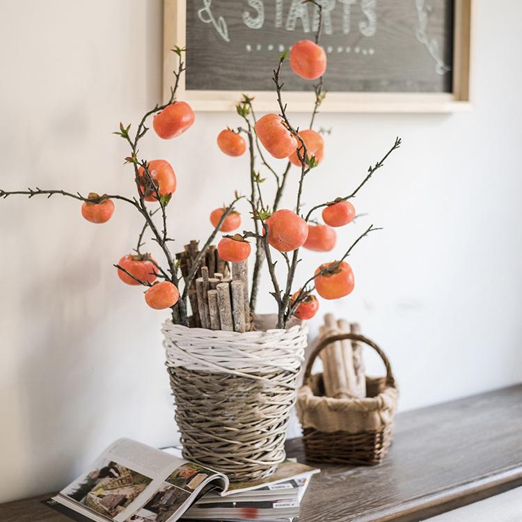 Artificial persimmon fruit stem 43in tall with orange fruit on twig in basket RusticReach on Tampa Home & Garden Store