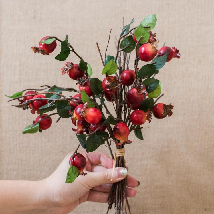 Artificial pomegranate fruit bouquet with red berries, green leaves, brown stems, 12in tall on Tampa Home & Garden Store