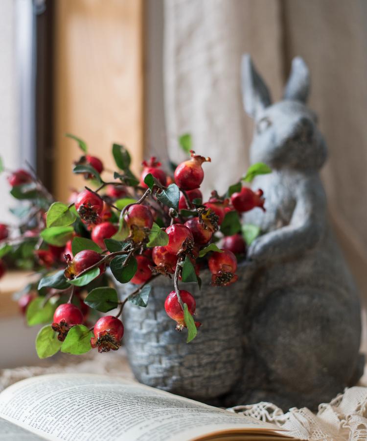 Artificial pomegranate fruit bouquet in a gray rabbit sculpture, 12 inches tall, RusticReach on Tampa Home & Garden Store