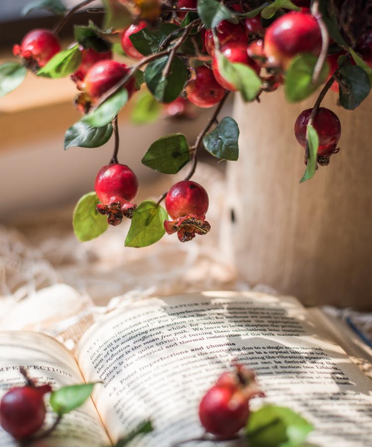 Artificial pomegranate fruit bouquet, 12-inch tall with red fruits and green leaves on Tampa Home & Garden Store