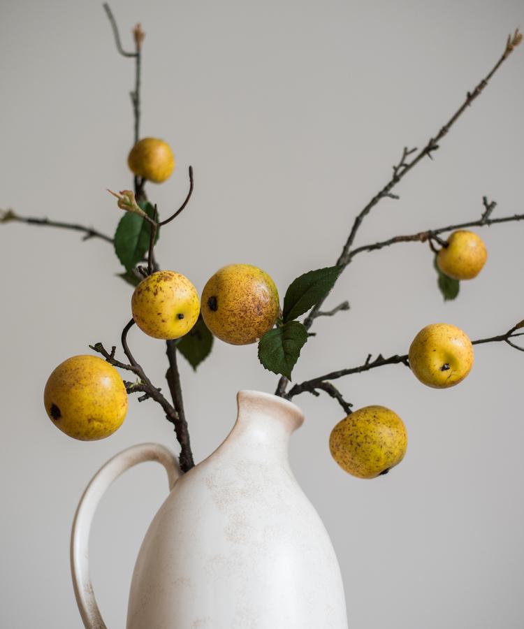 Artificial Fruit Yellow Apple Pear Stem 27 inches tall in a white ceramic pitcher RusticReach on Tampa Home & Garden Store