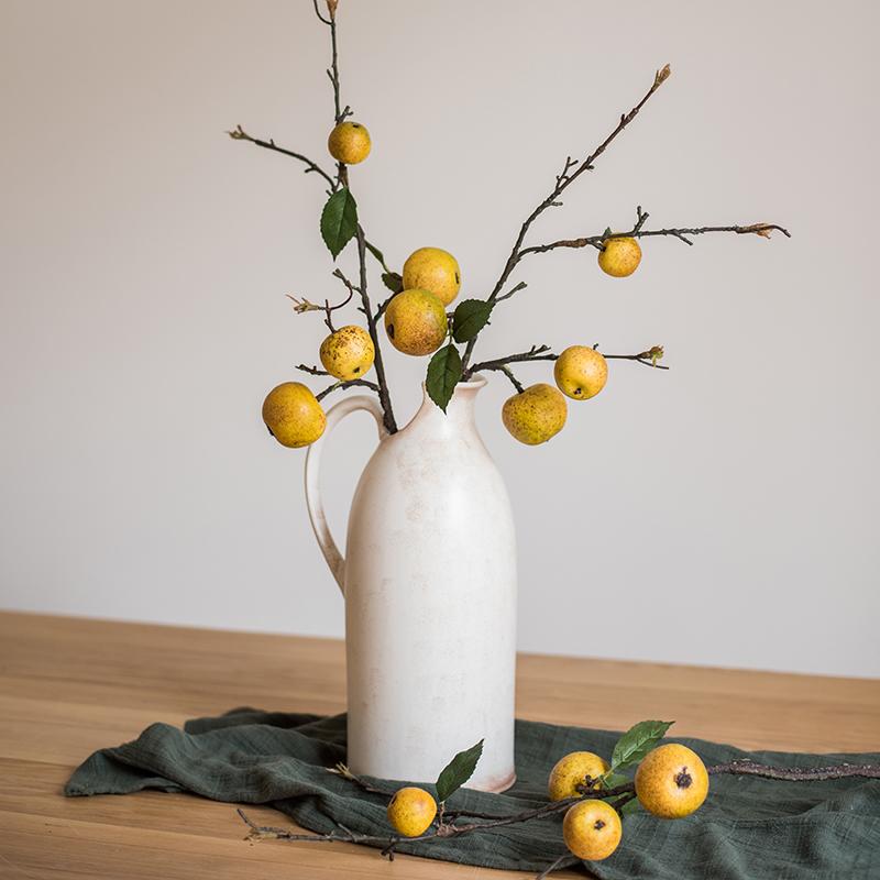 Artificial yellow apple pear stem, 27in tall, RusticReach, arranged in white pitcher on Tampa Home & Garden Store