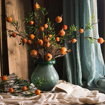RusticReach artificial fruit stem with yellow-orange pomegranates in a green vase, 36-inch tall on Tampa Home & Garden Store