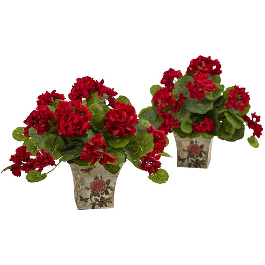 Geranium flowering silk plant in red blooms in decorative floral-print planters, set of 2, Nearly Natural on Tampa Home & Garden Store