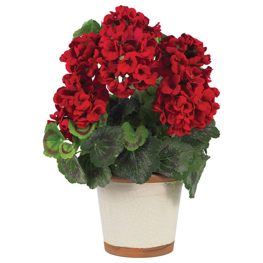 Geranium Silk Plant in planter by Nearly Natural with red blooms and green leaves on Tampa Home & Garden Store