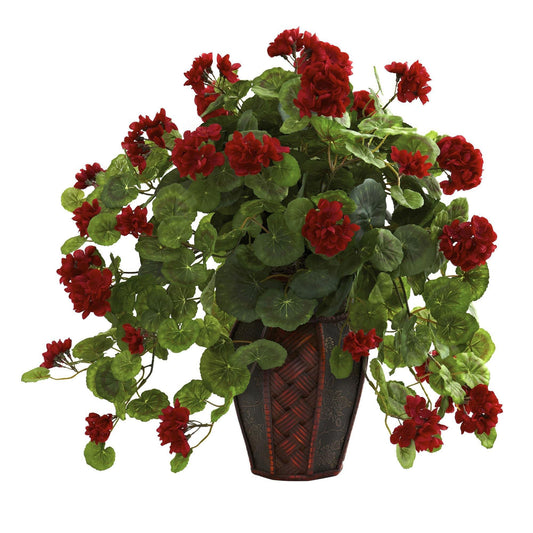 Geranium plant in decorative woven planter with red blooms and green leaves on Tampa Home & Garden Store