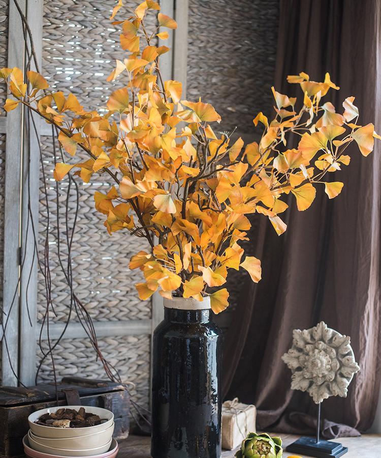 RusticReach artificial ginkgo stem in yellow, 37in tall, in a black bottle vase on Tampa Home & Garden Store