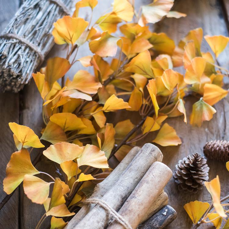 Artificial Ginkgo stem in yellow, 37-inch tall faux, RusticReach on weathered wood with pinecones on Tampa Home & Garden Store