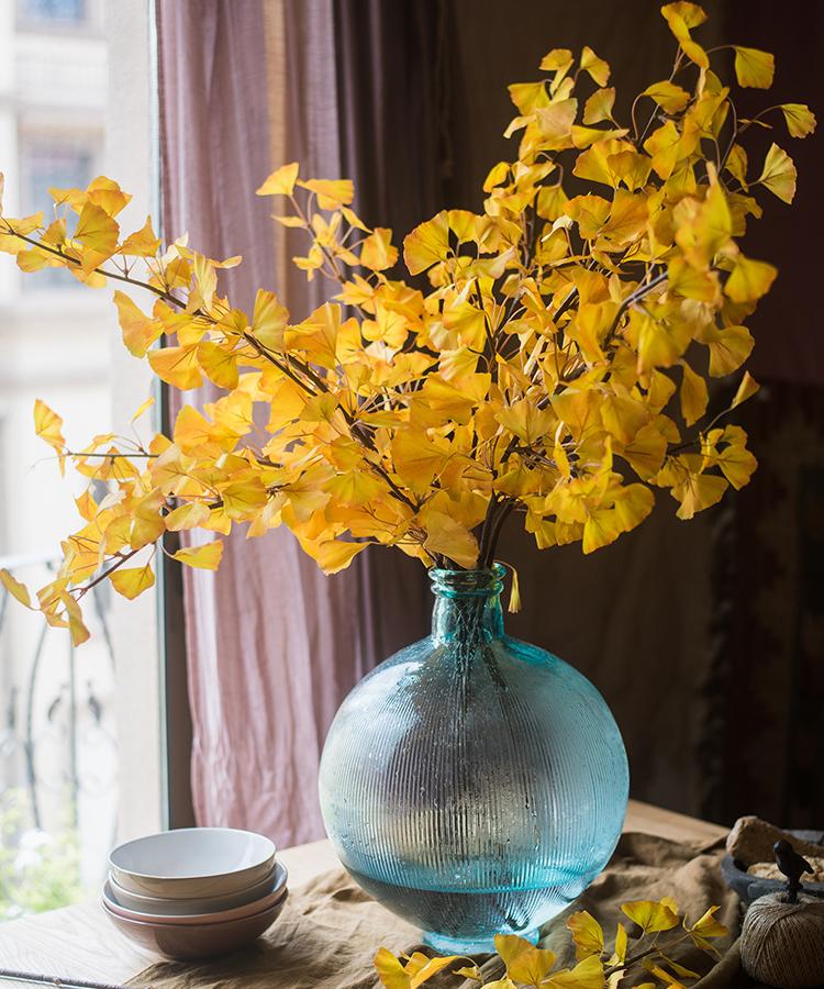 Artificial Ginkgo stem in Yellow, 37 inch tall faux by RusticReach in a blue glass vase on Tampa Home & Garden Store