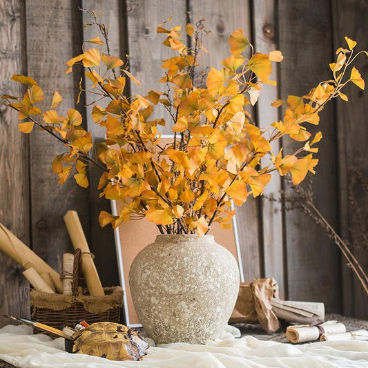 Artificial Ginkgo Stem in Yellow, 37 inches tall faux plant in a grey vase with orange leaves on Tampa Home & Garden Store