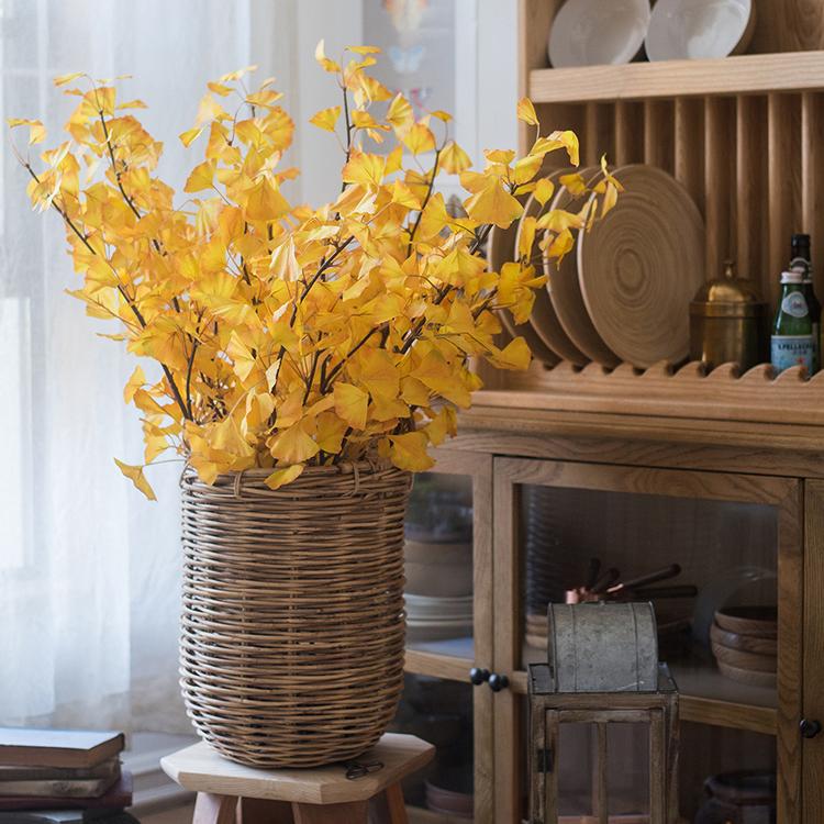 Artificial Ginkgo stem, yellow, 37in tall in a woven wicker basket RusticReach on Tampa Home & Garden Store