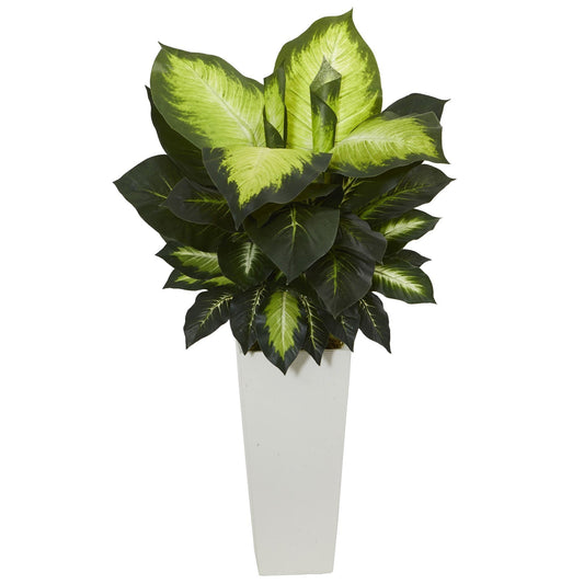 Golden Dieffenbachia Artificial Plant in White Tower Planter - Tampa Home & Garden Store