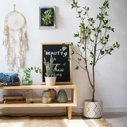 Artificial Green Leaf Faux Tree In Pot with lush green leaves in a gray geometric planter on Tampa Home & Garden Store