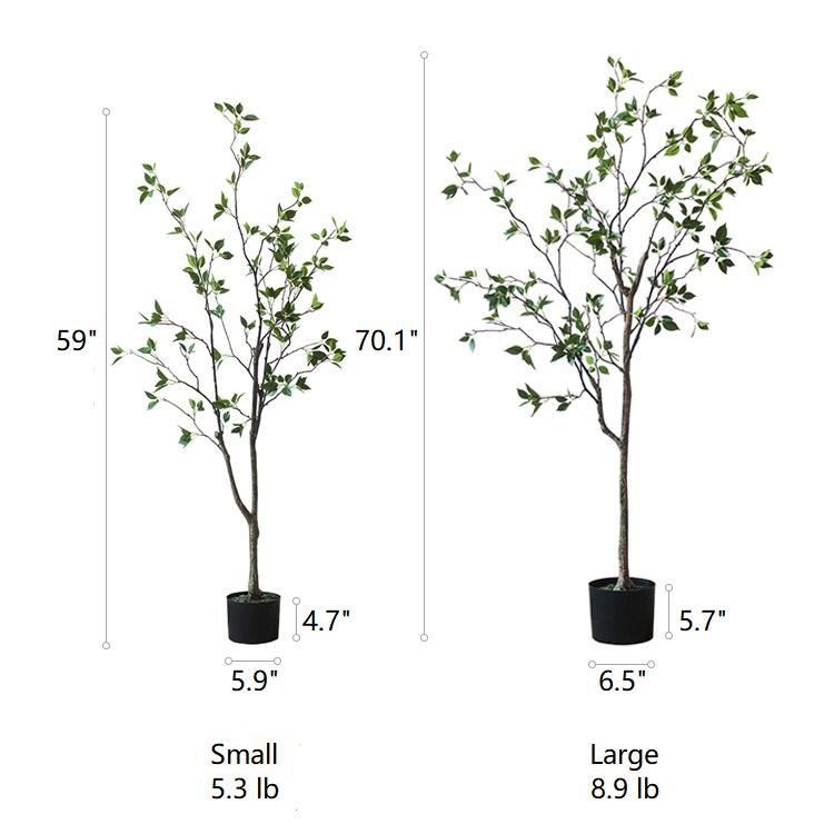 Two RusticReach artificial green leaf trees in black pots, small 59in and large 70.1in tall on Tampa Home & Garden Store