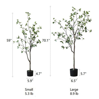 Two RusticReach artificial green leaf trees in black pots, small 59in and large 70.1in tall on Tampa Home & Garden Store