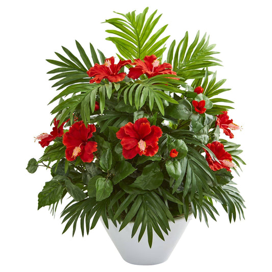 Hibiscus and Areca Palm plant in white bowl by Nearly Natural with red blooms and fronds on Tampa Home & Garden Store