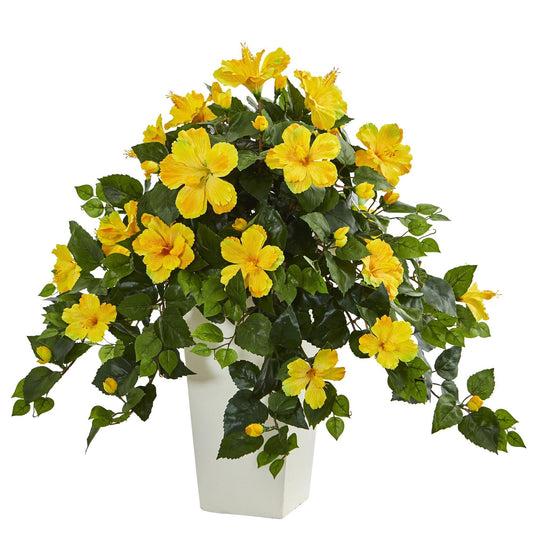 Hibiscus Artificial Plant in White Tower Planter - Tampa Home & Garden Store