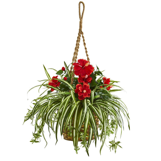 Hibiscus & Spider Artificial Plant in Hanging Basket - Tampa Home & Garden Store