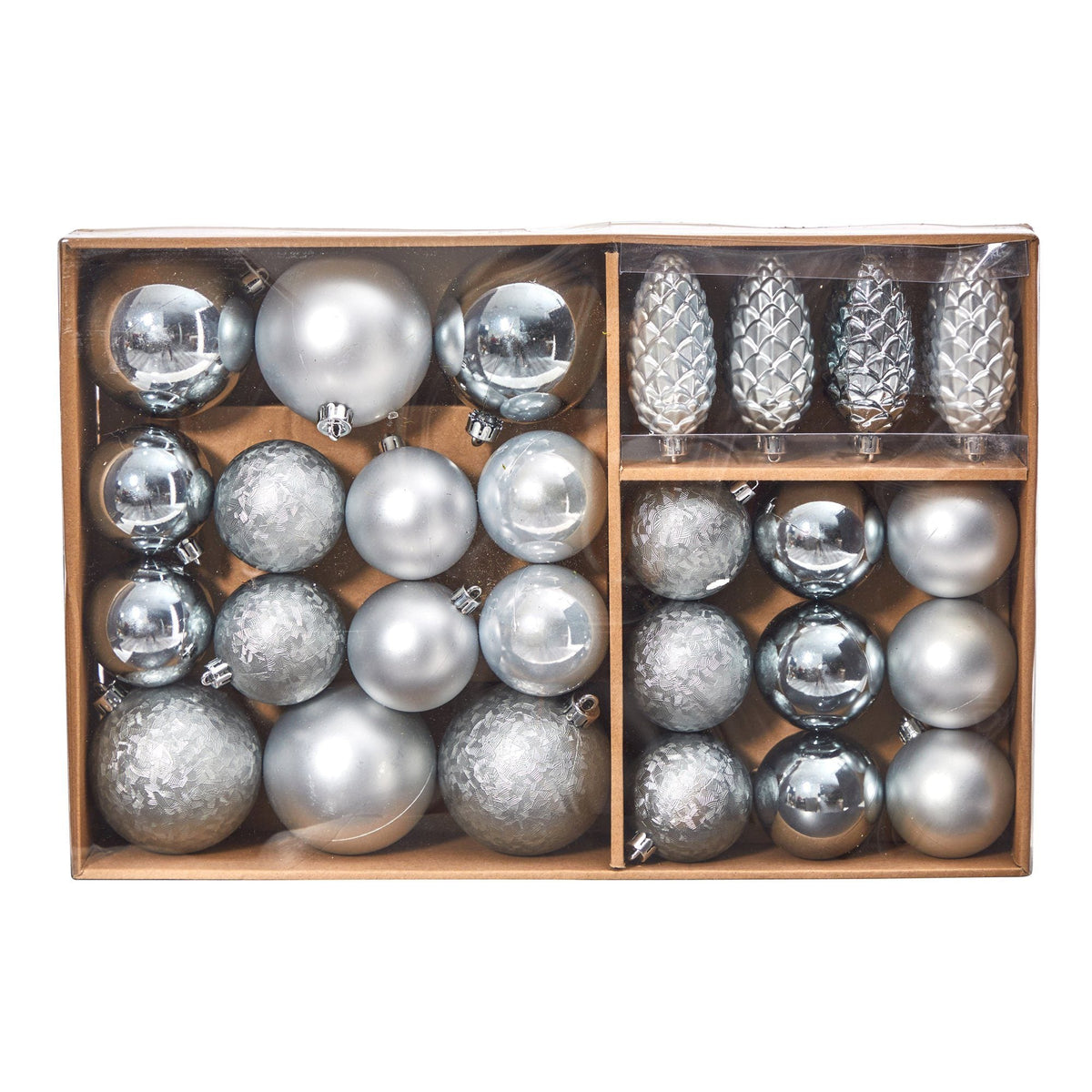 Ornament set Nearly Natural Lux shatterproof Christmas ornaments, 23-count, silver gray with smooth and pinecone textures in reusable storage box on Tampa Home & Garden Store