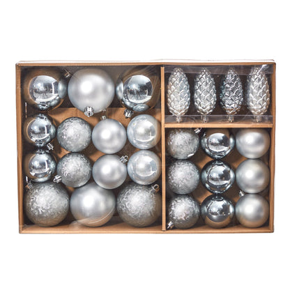Ornament set Nearly Natural Lux shatterproof Christmas ornaments, 23-count, silver gray with smooth and pinecone textures in reusable storage box on Tampa Home & Garden Store