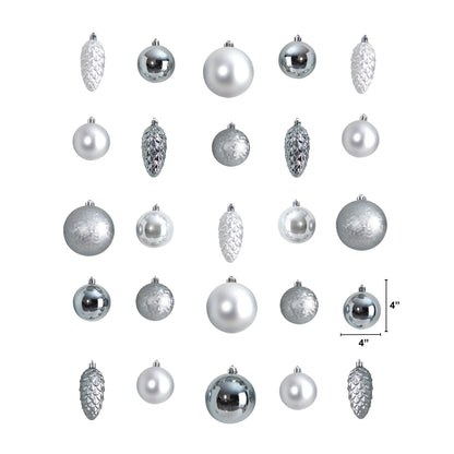 Ornament set 23-count Lux silver shatterproof ball ornaments, reusable storage container on Tampa Home & Garden Store
